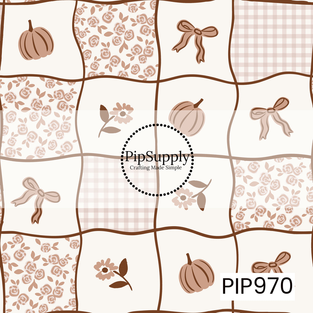 A charming patchwork design featuring pumpkins, delicate floral sprigs, vintage rose prints, dainty bows, and soft gingham blocks in warm brown and blush tones. The cream background and hand-drawn quilt-style layout create a cozy, vintage-inspired autumn look.
