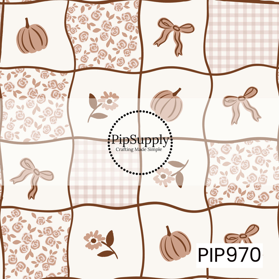 A charming patchwork design featuring pumpkins, delicate floral sprigs, vintage rose prints, dainty bows, and soft gingham blocks in warm brown and blush tones. The cream background and hand-drawn quilt-style layout create a cozy, vintage-inspired autumn look.
