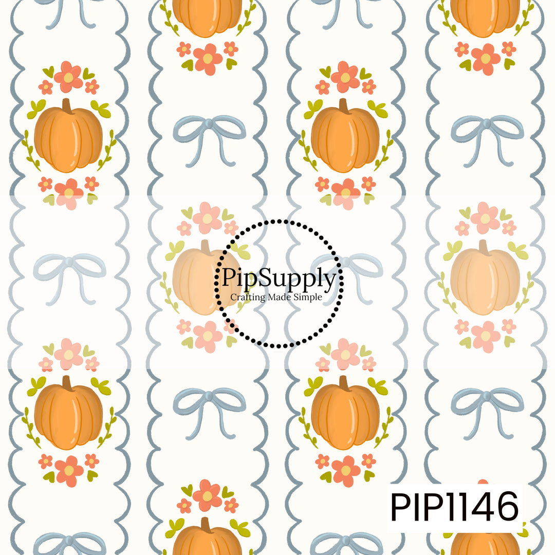 A charming coquette-inspired fall pattern featuring orange pumpkins, coral flowers, green foliage, and soft blue bows arranged in alternating scalloped vertical panels on a creamy white background.
