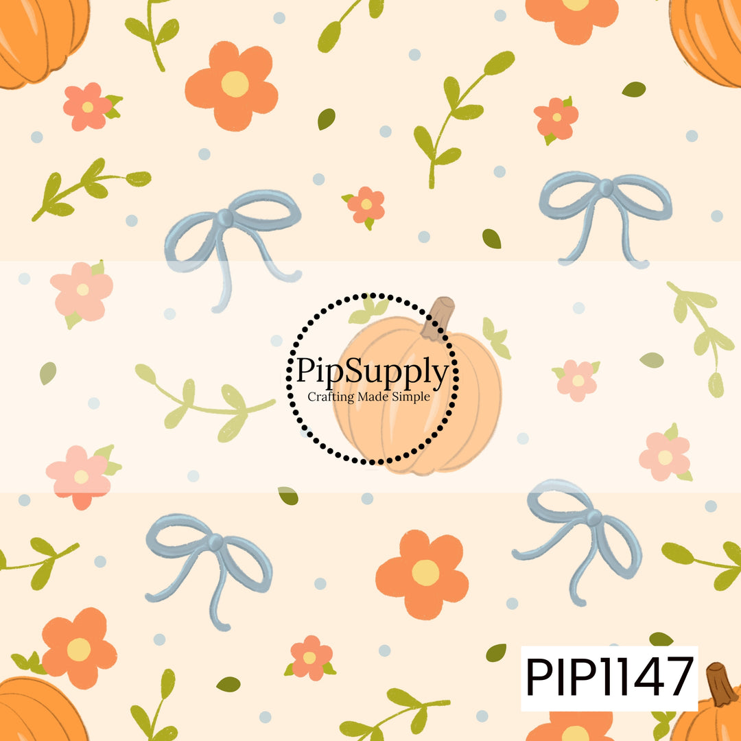 A playful autumn toss featuring bright orange pumpkins, coral flowers, leafy green sprigs, and soft blue bows scattered across a warm cream background.
