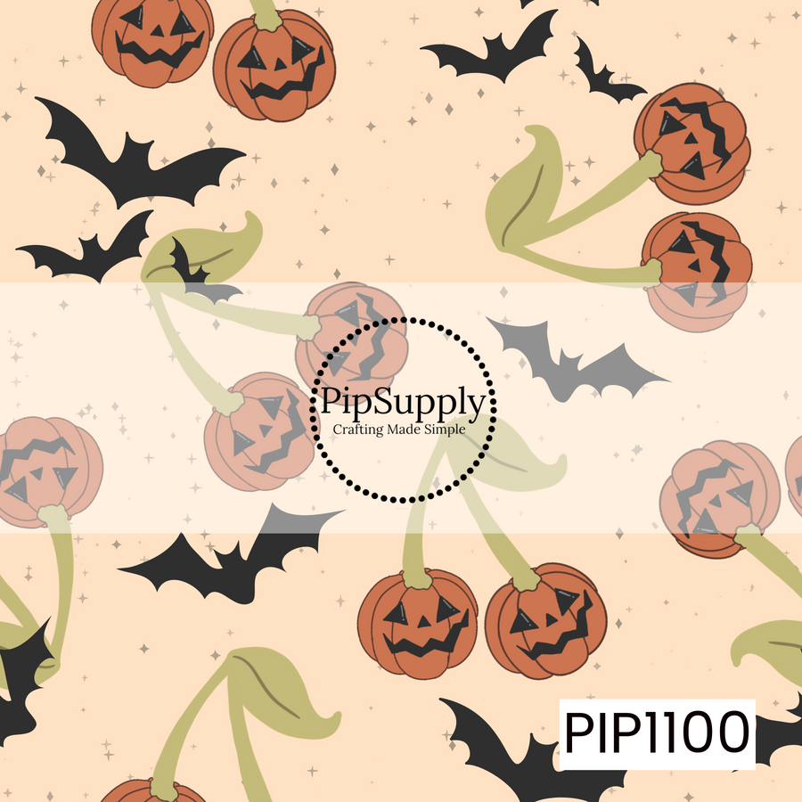 A whimsical seamless pattern featuring jack-o'-lantern pumpkins shaped like cherries, paired with flying black bats on a warm cream background. Soft sparkles and muted autumn tones give this playful Halloween design a charming vintage feel.
