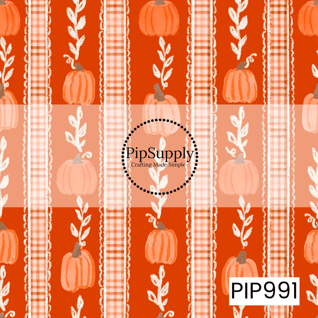 A charming fall seamless pattern featuring alternating vertical plaid ribbon stripes with delicate lace trim, hand-drawn leafy stems, and soft watercolor pumpkins in shades of peach, blush, and muted orange. Set against a rich burnt orange background, the design blends cozy autumn colors with a vintage farmhouse feel, creating a sweet, timeless seasonal pattern.
