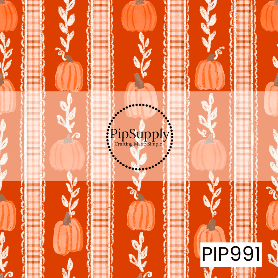 A charming fall seamless pattern featuring alternating vertical plaid ribbon stripes with delicate lace trim, hand-drawn leafy stems, and soft watercolor pumpkins in shades of peach, blush, and muted orange. Set against a rich burnt orange background, the design blends cozy autumn colors with a vintage farmhouse feel, creating a sweet, timeless seasonal pattern.
