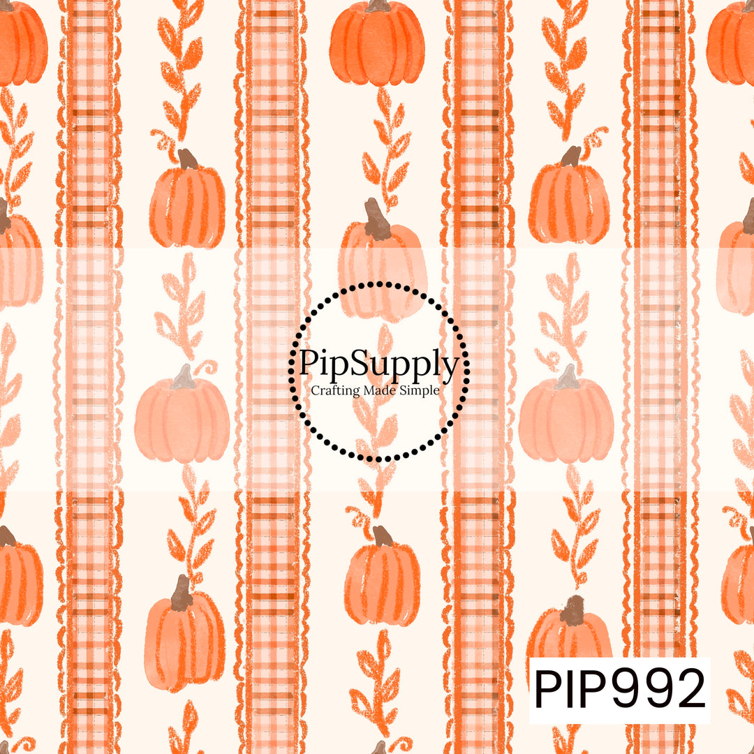 A cozy fall seamless pattern featuring alternating vertical plaid ribbon stripes trimmed with delicate lace, whimsical leafy stems, and hand-painted pumpkins in warm shades of peach, coral, and soft orange. Set against a warm cream background, the design has a light, vintage-inspired feel with a charming farmhouse aesthetic perfect for autumn.

