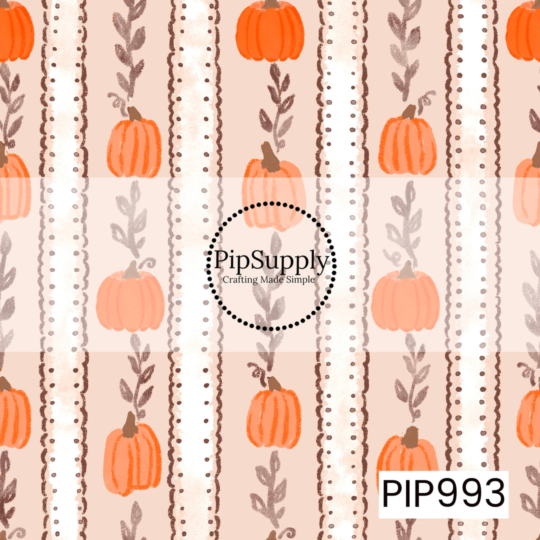 A charming fall seamless pattern featuring alternating vertical stitched ribbon stripes, hand-painted leafy stems in warm taupe, and watercolor pumpkins in soft peach and bright orange. Set against a light oatmeal beige background, the design combines cozy autumn colors with delicate stitched details for a sweet, rustic farmhouse-inspired look.

