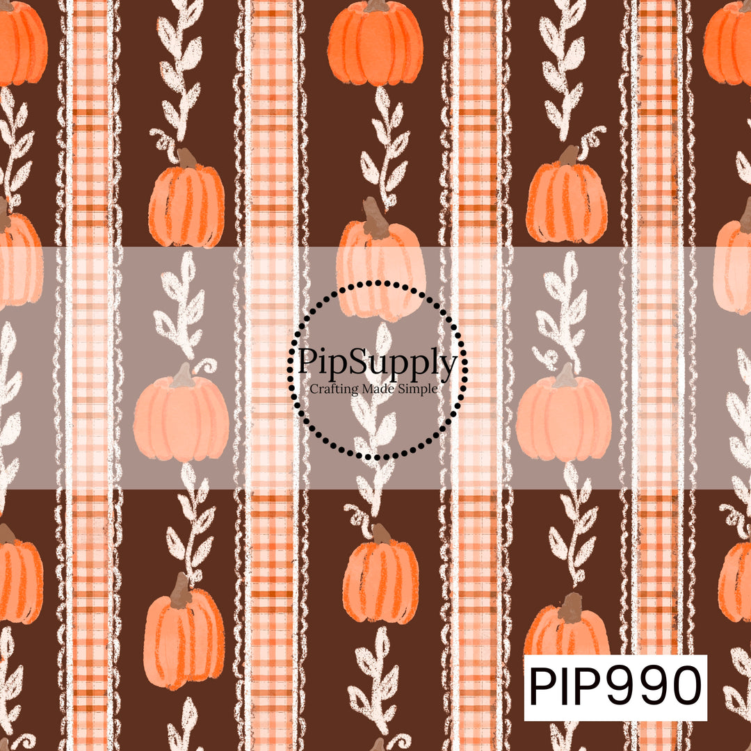 A charming fall stripe pattern featuring hand-painted orange pumpkins alternating with soft cream leafy sprigs and peach plaid vertical stripes. Delicate lace-inspired accents separate each stripe, all set against a rich chocolate brown background for a warm, vintage farmhouse feel. The muted autumn palette and textured artwork create a cozy seasonal design perfect for fall collections.
