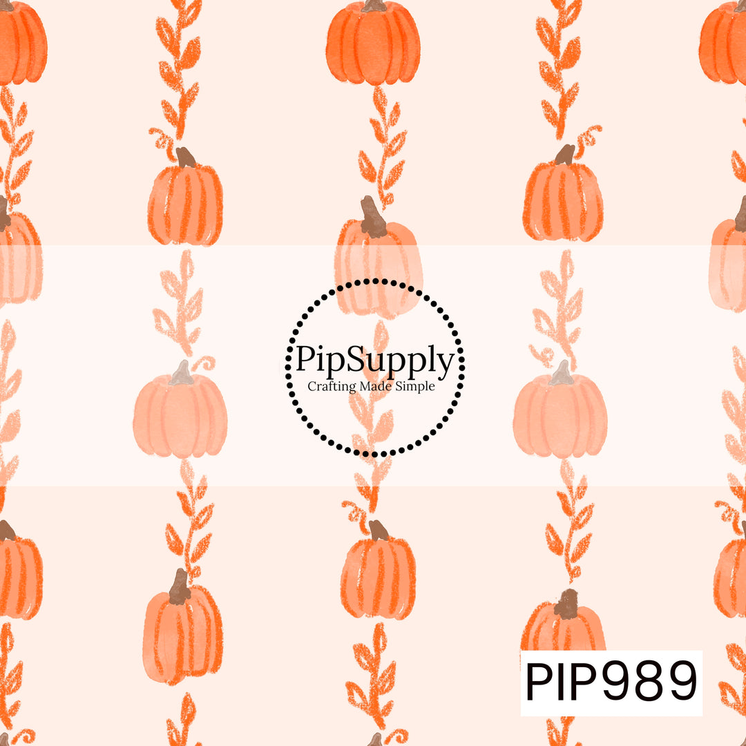 A seamless watercolor pattern featuring hand-painted pumpkins arranged in vertical rows with delicate leafy vines between each pumpkin. Soft shades of pumpkin orange, peach, and warm brown on a light cream background create a simple, charming autumn design with a gentle hand-painted texture.
