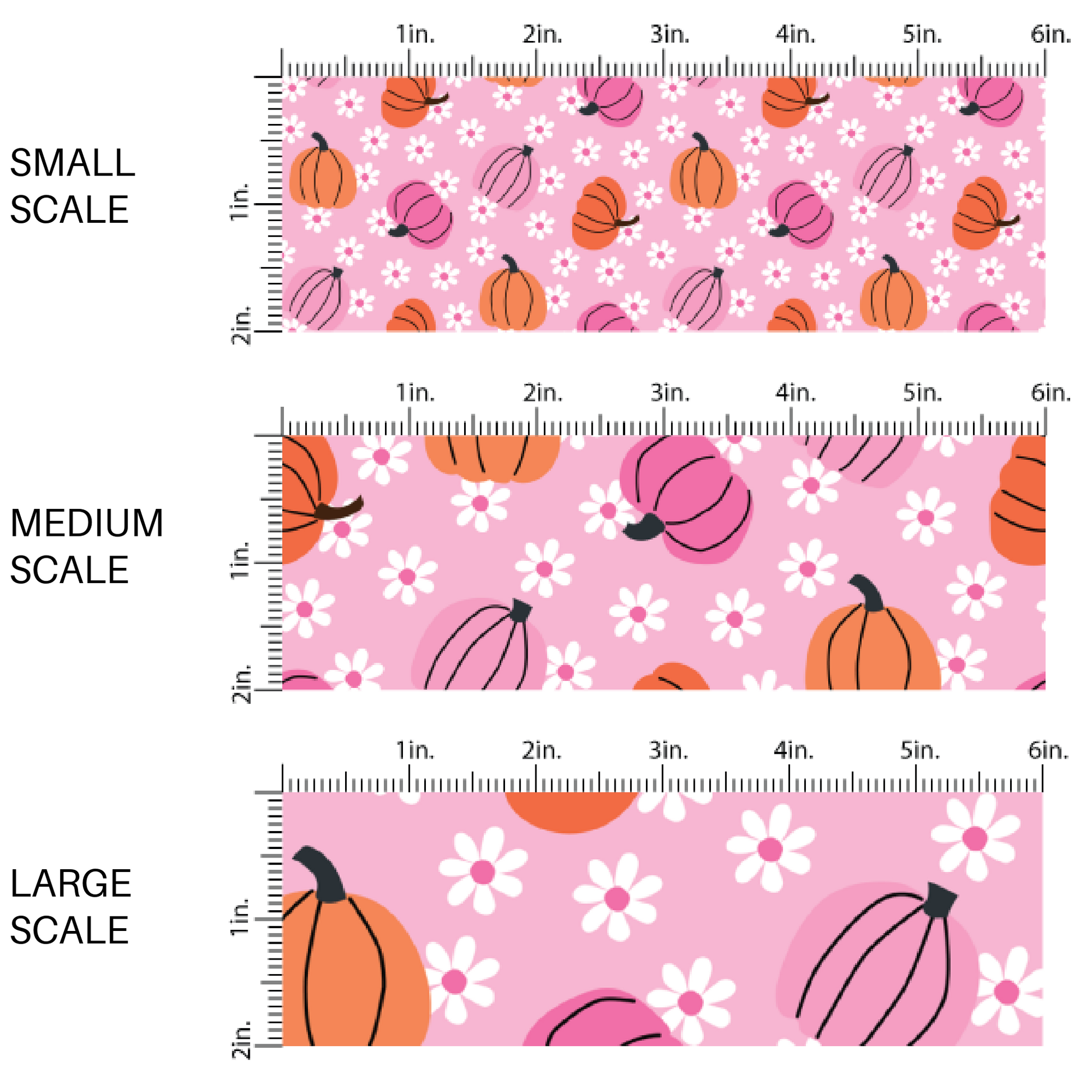 This scale chart of small scale, medium scale, and large scale of these Halloween themed pink fabric by the yard features orange and pink pumpkins surrounded by tiny white daisies on pink. This fun spooky themed fabric can be used for all your sewing and crafting needs! 