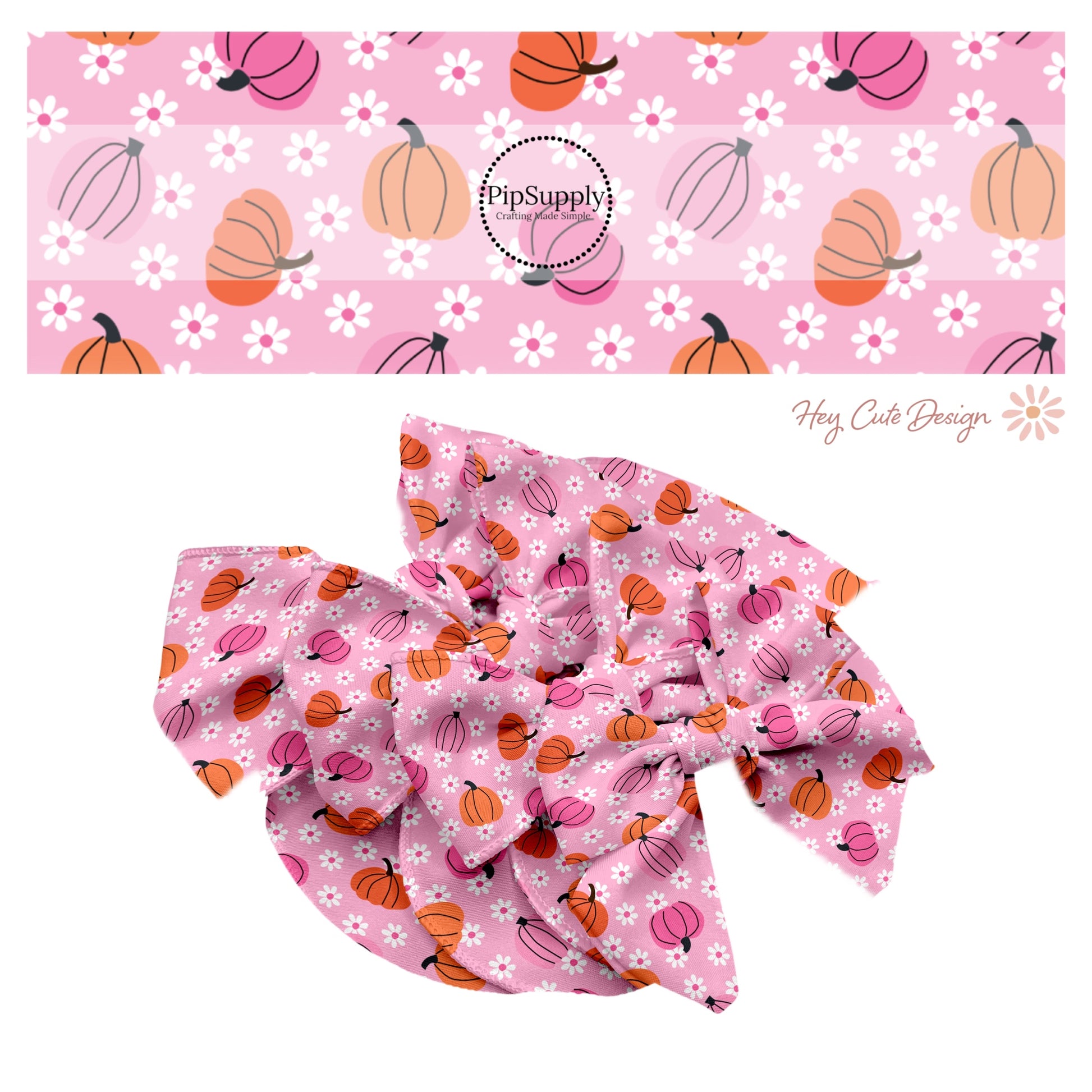 These Halloween themed pink no sew bow strips can be easily tied and attached to a clip for a finished hair bow. These fun spooky bow strips are great for personal use or to sell. The bow stripes features orange and pink pumpkins surrounded by tiny white daisies on pink. 
