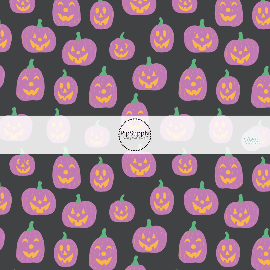 Purple Jack-o-Lanterns on Black Fabric By The Yard