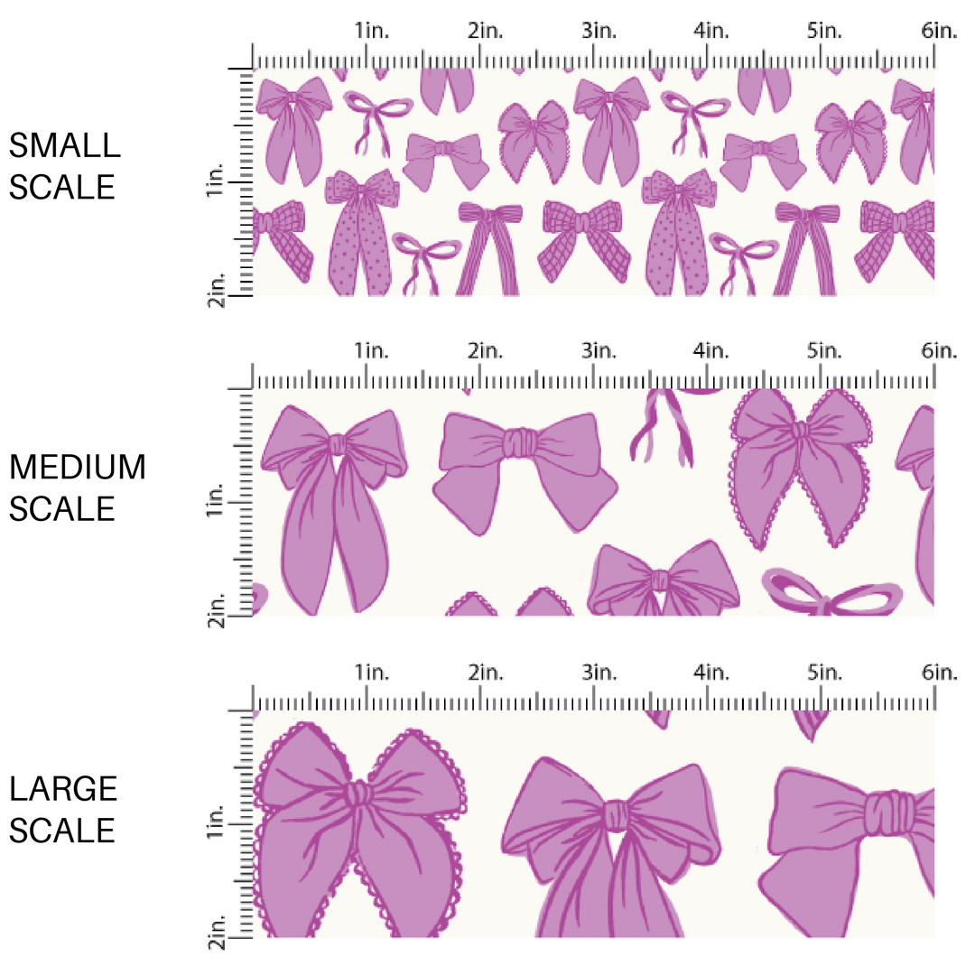 Purple Ribbons and Bows on Cream Fabric by the Yard scaled image guide.