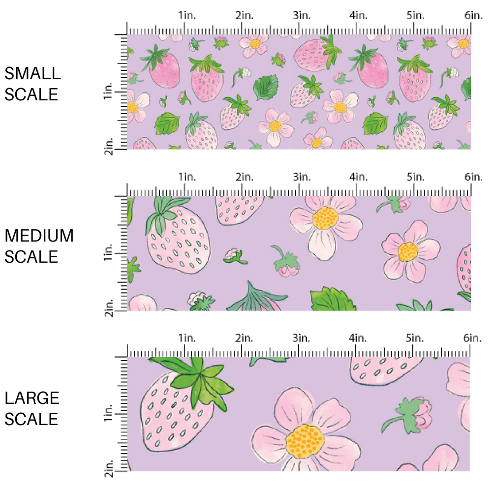 Pink Strawberries and Florals on Purple Fabric by the Yard scaled image guide.