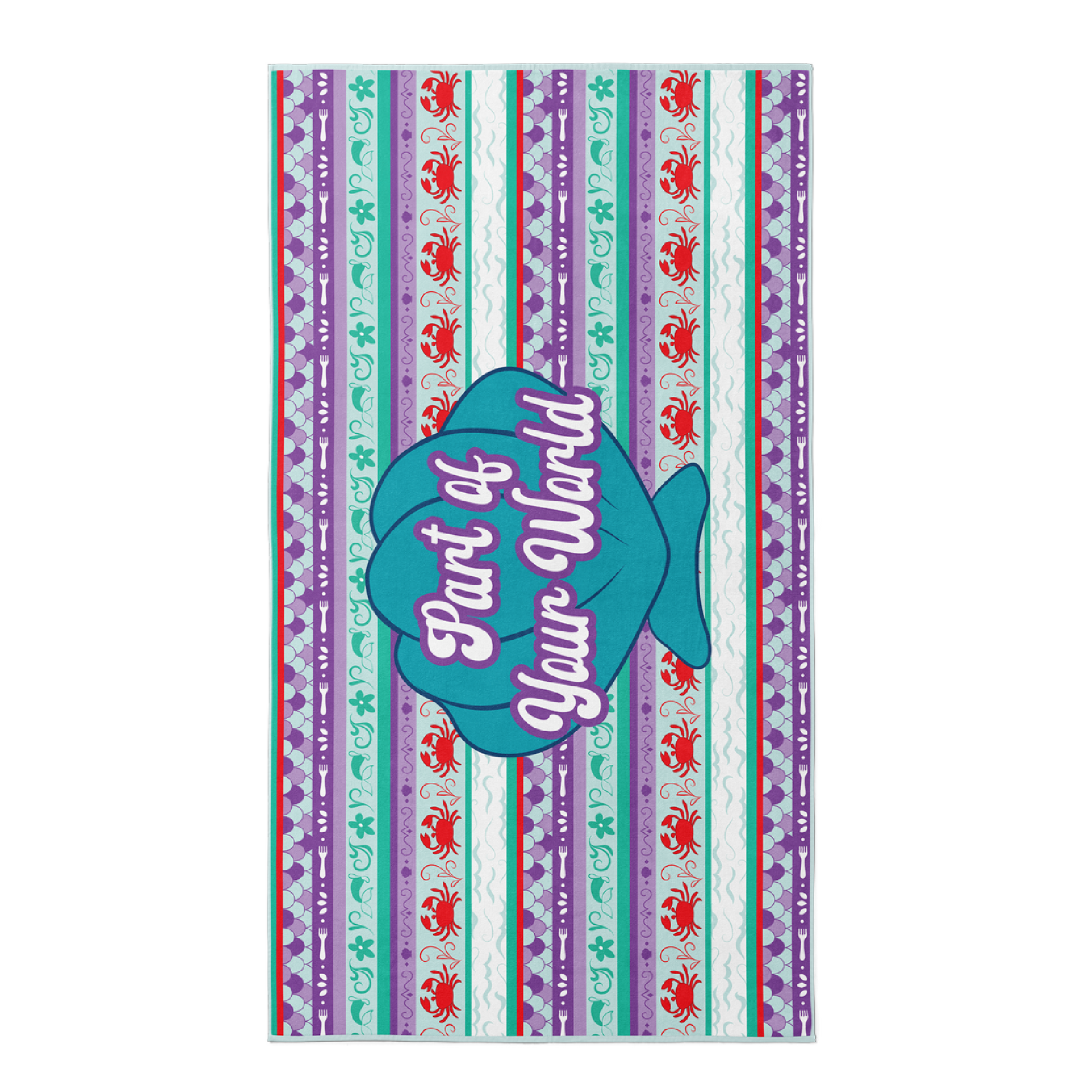 Beach towel in aqua, purple, and red princess stripe with Seashell and Text "Part of your world".