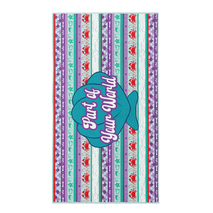 Beach towel in aqua, purple, and red princess stripe with Seashell and Text "Part of your world".