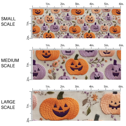 Gray fabric by the yard scaled image guide with purple and orange embroidered jack-o-lanterns.