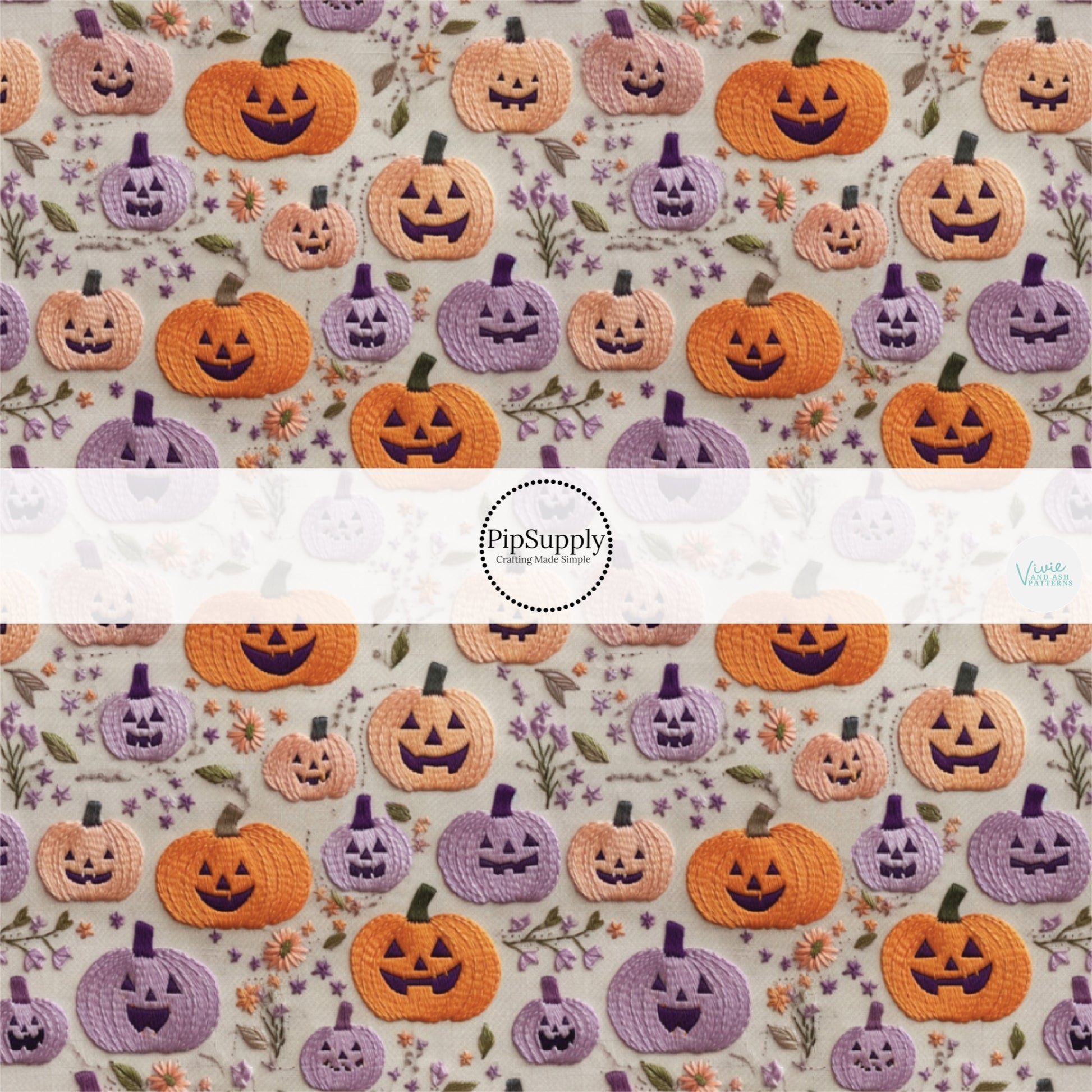 Gray fabric by the yard with purple and orange embroidered jack-o-lanterns.