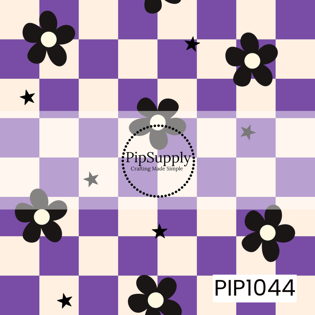 A seamless checkerboard pattern featuring alternating purple and cream squares accented with scattered black daisy flowers and small star motifs. The bold floral elements paired with the vibrant checkerboard background create a playful retro design with a fun Halloween-inspired color palette.
