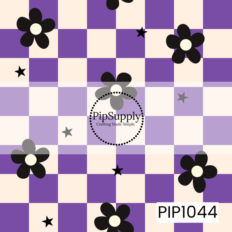 A seamless checkerboard pattern featuring alternating purple and cream squares accented with scattered black daisy flowers and small star motifs. The bold floral elements paired with the vibrant checkerboard background create a playful retro design with a fun Halloween-inspired color palette.
