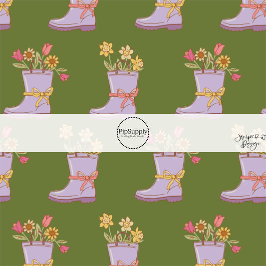 Pink and Yellow Spring Florals on Forest Green Fabric by the Yard.