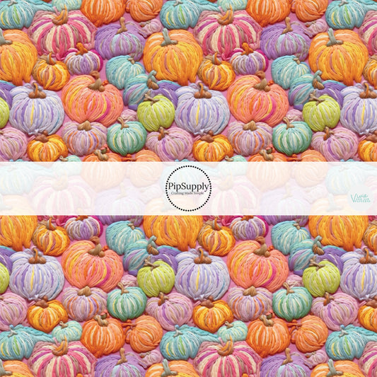 Colorful embroidered pumpkin fabric by the yard.