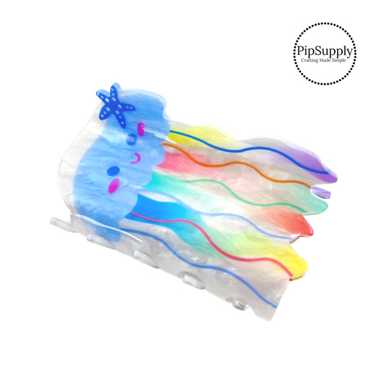 These rainbow jellyfish acrylic claw clips are a stylish hair accessory and are perfect for a summer up-do hairstyle. These acrylic clips come with a jaw clip already attached. These cute jellyfish hair clips are ready to wear or to sell to others.