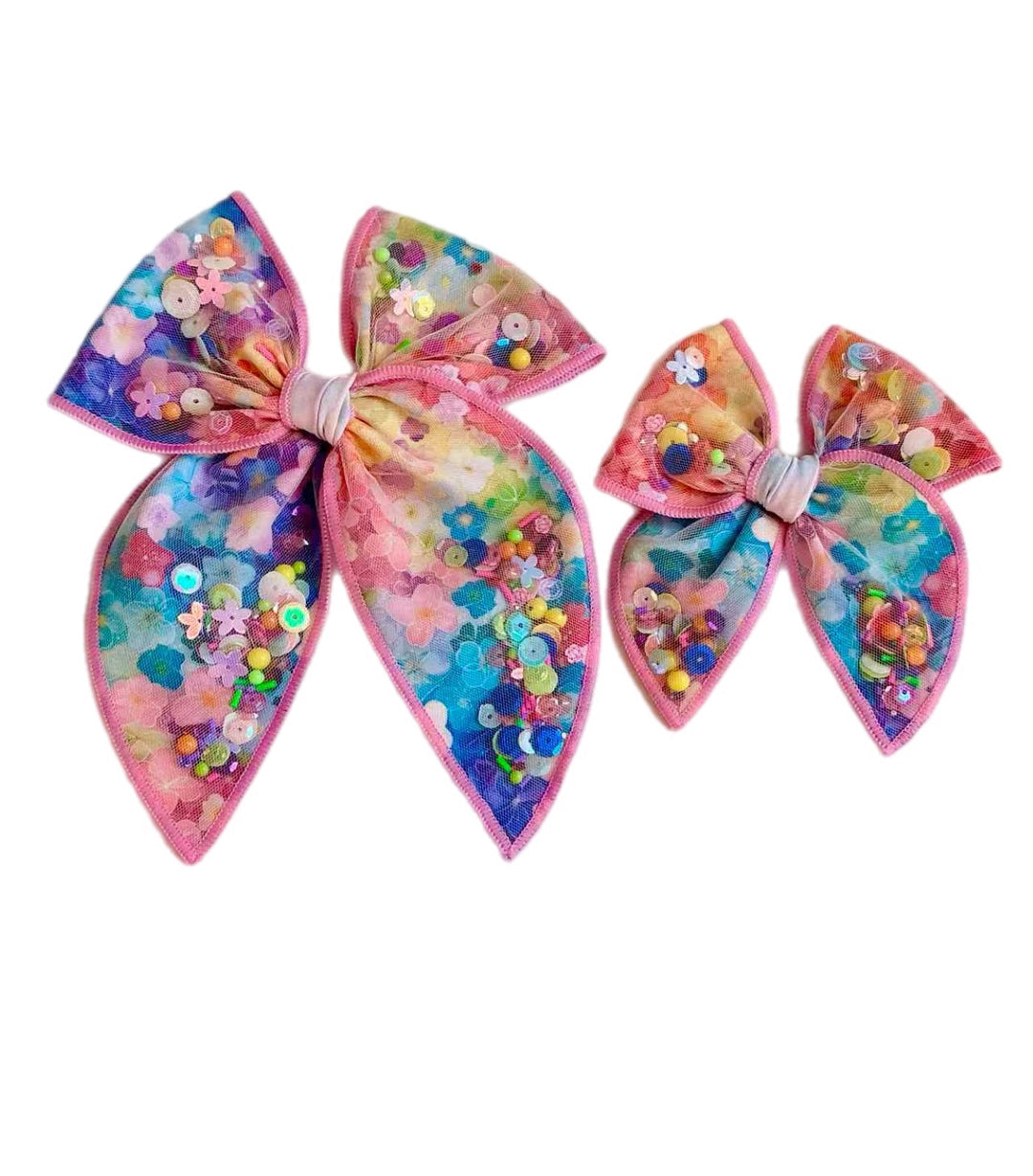Rainbow Floral Fabric Shaker Hair Tulle Hair Bow w/ Clip