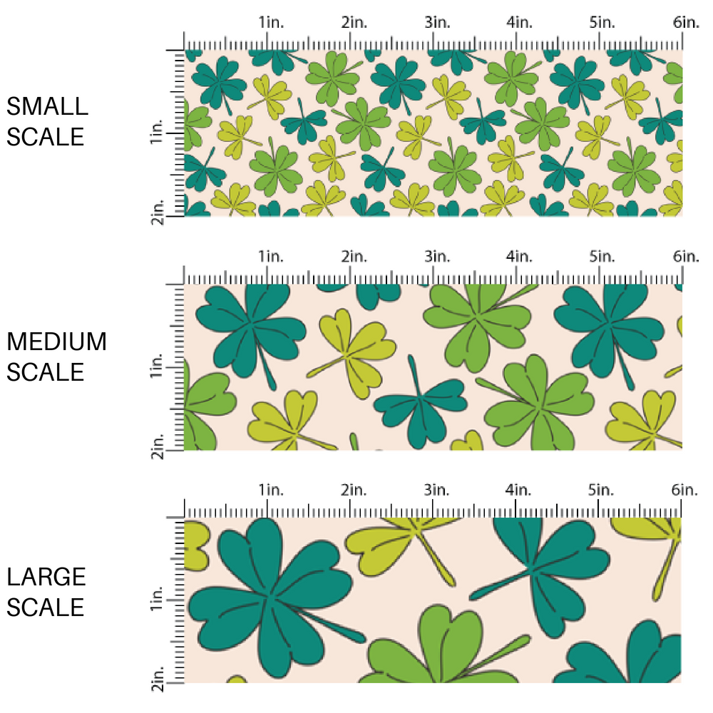 Scattered Multi-Green Clovers on Cream Fabric by the Yard.