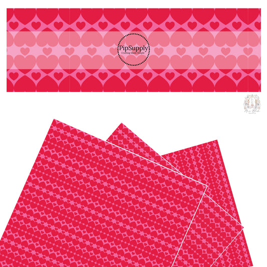 These Valentine's pattern themed faux leather sheets contain the following design elements: rows of red hearts on pink. Our CPSIA compliant faux leather sheets or rolls can be used for all types of crafting projects.