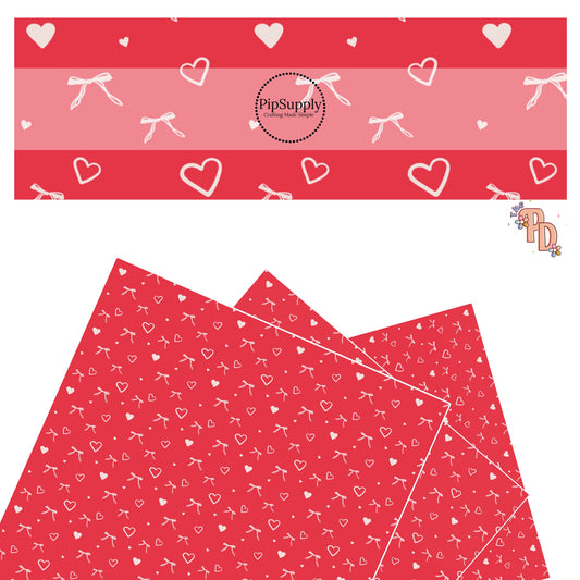 These Valentine's pattern themed faux leather sheets contain the following design elements: white hearts and bows on red. Our CPSIA compliant faux leather sheets or rolls can be used for all types of crafting projects.