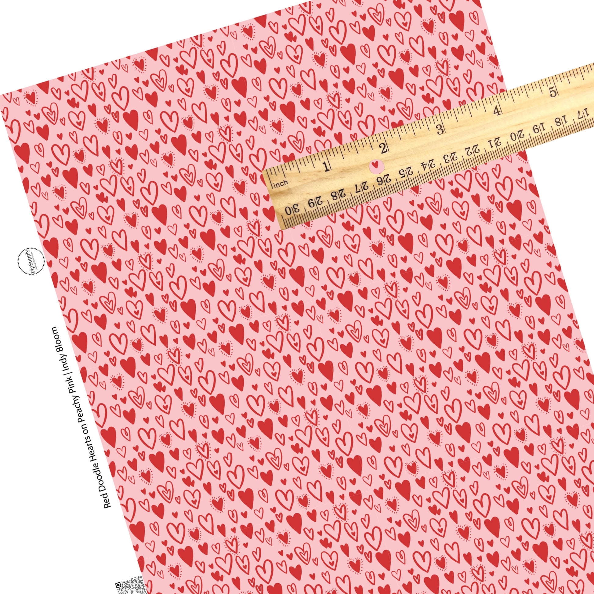 These Valentine's pattern themed faux leather sheets contain the following design elements: red doodle hearts on peachy pink. Our CPSIA compliant faux leather sheets or rolls can be used for all types of crafting projects.