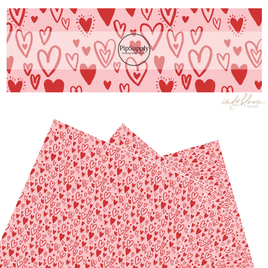 These Valentine's pattern themed faux leather sheets contain the following design elements: red doodle hearts on peachy pink. Our CPSIA compliant faux leather sheets or rolls can be used for all types of crafting projects.
