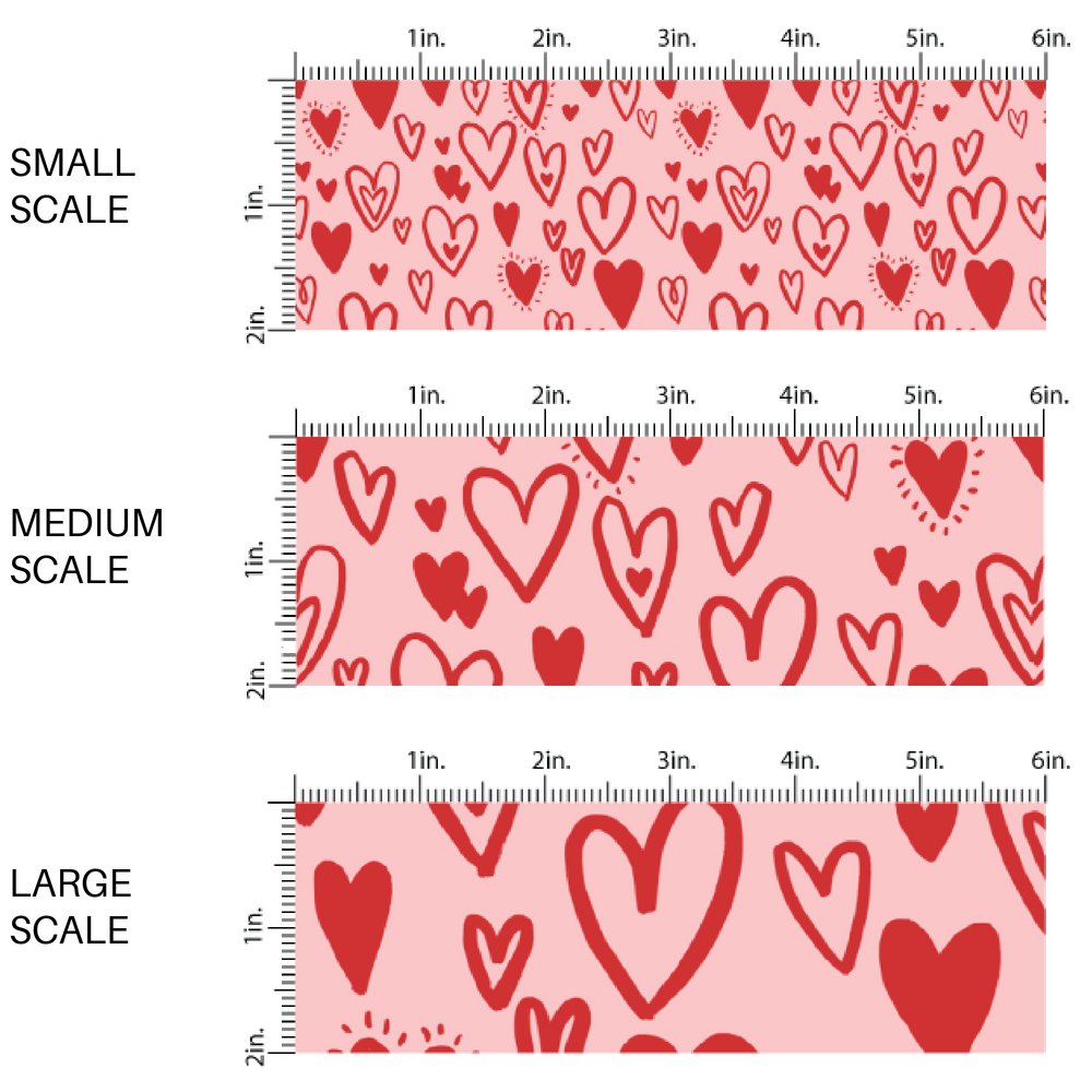 Red Doodled Hearts on Peachy Pink Fabric by the Yard scaled image guide.