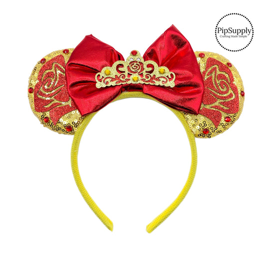 These red mouse ear headbands are a stylish hair accessory. These comfortable headbands have an attached red bow and yellow glitter mouse ears. Along with rhinestones, roses, and a crown embellishment. This hair accessory comes completely assembled and is great for park vacations, costumes or for everyday wear!
