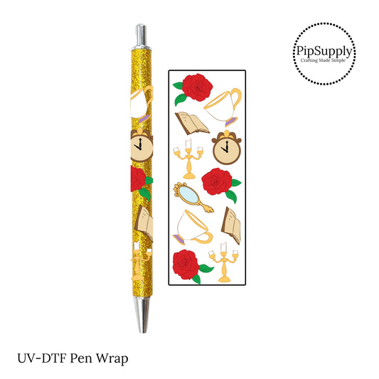 Red rose, tea cups, candles, and clocks UV DTF adhesive pen wraps.