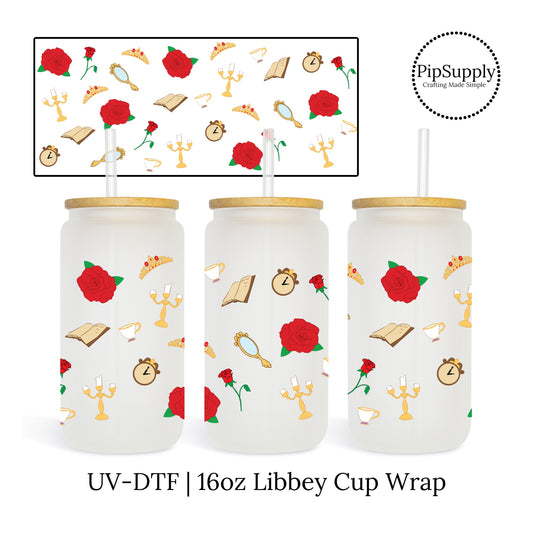 16 oz. Libbey cup wrap with red roses, candles, tea cups, books, and mirrors.