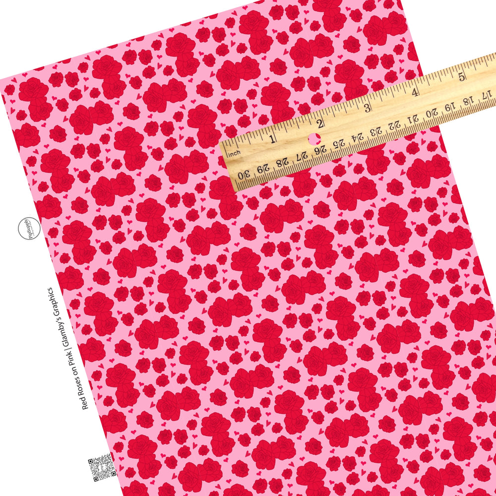 These Valentine's pattern themed faux leather sheets contain the following design elements: red roses surrounded by red hearts on pink. Our CPSIA compliant faux leather sheets or rolls can be used for all types of crafting projects.