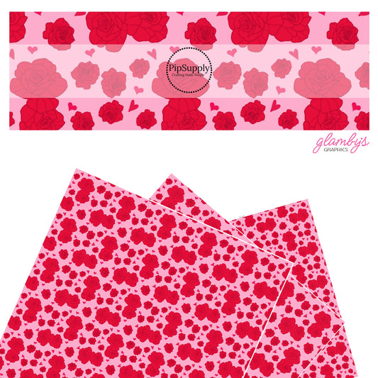 These Valentine's pattern themed faux leather sheets contain the following design elements: red roses surrounded by red hearts on pink. Our CPSIA compliant faux leather sheets or rolls can be used for all types of crafting projects.
