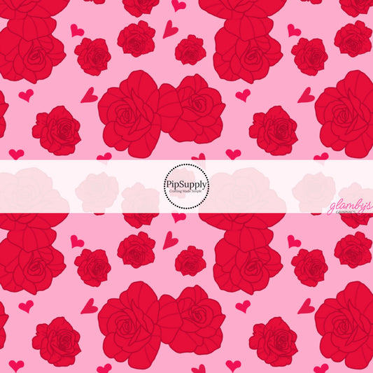 Red Roses and Hearts Hot Pink Fabric by the Yard.