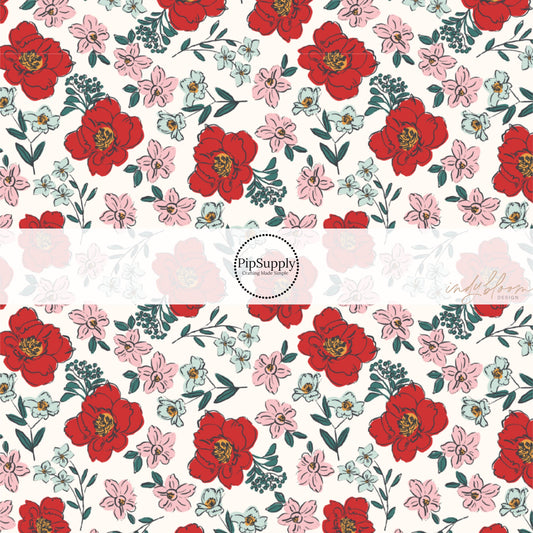 Red and Pink Florals on Cream Fabric by the Yard