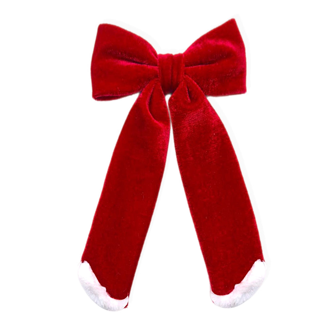 Red Fur Trimmed Velvet LONG TAIL Hair Bow -TIED w/Clip