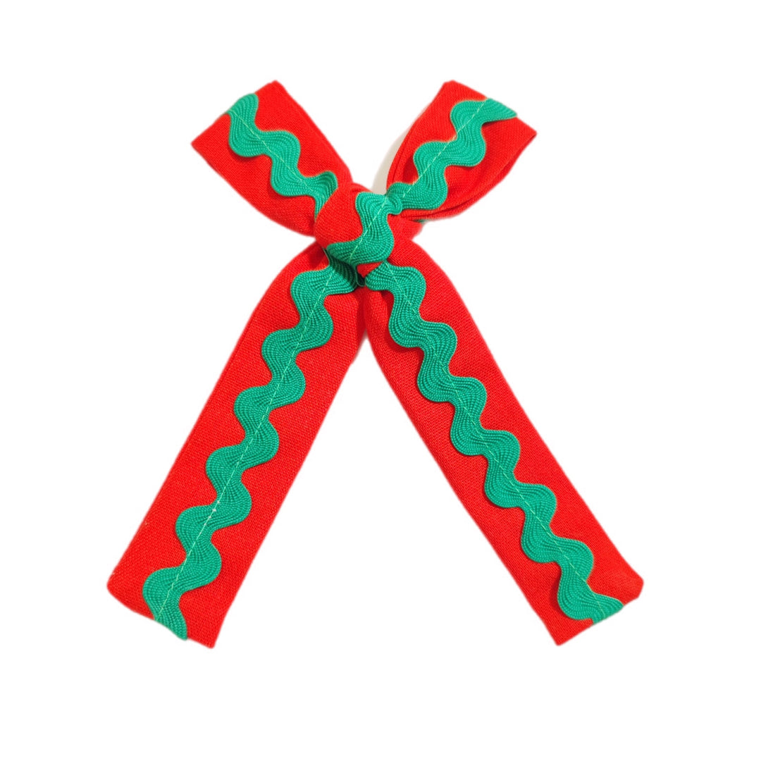 Red GREEN Ric Rac Long Tail Bows TIED With Clip