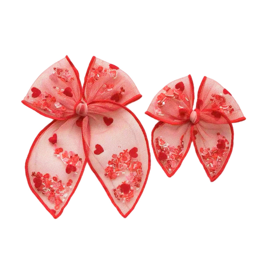 Red Heart Red Tulle Shaker Hair Tied Bow w/ Clip