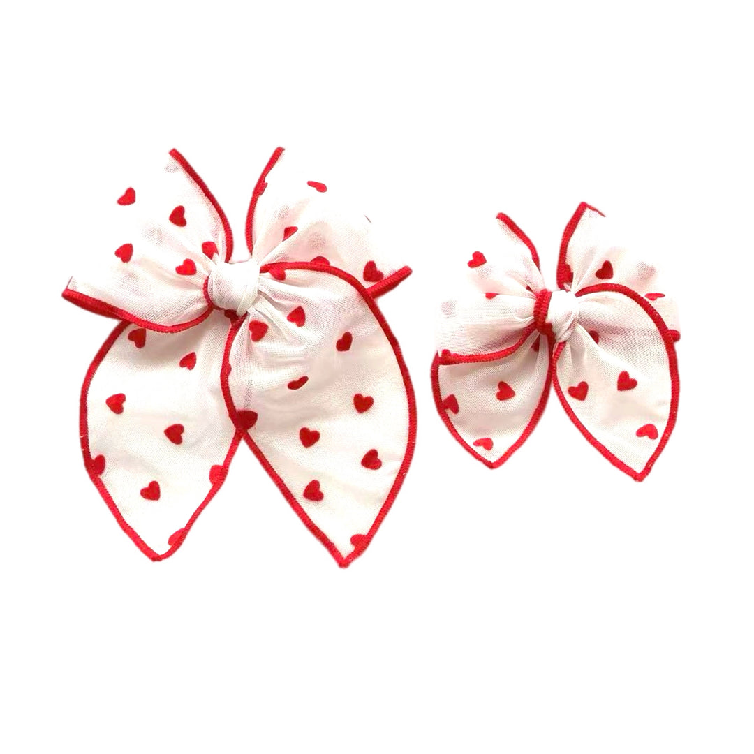 Red Hearts White - TULLE Overlay Serged Edge Bow w/ Clip