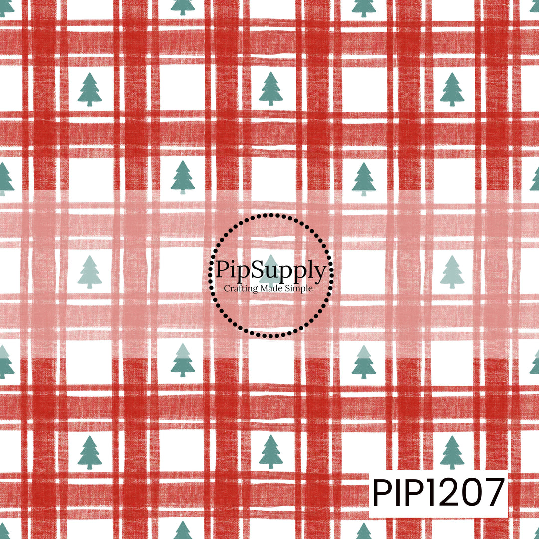 A festive plaid pattern featuring textured red intersecting stripes on a crisp white background, accented with small muted green Christmas trees throughout.
