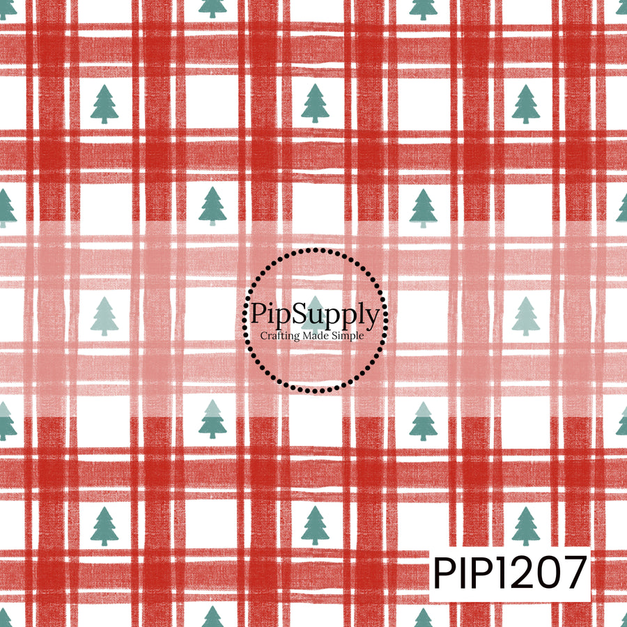 A festive plaid pattern featuring textured red intersecting stripes on a crisp white background, accented with small muted green Christmas trees throughout.
