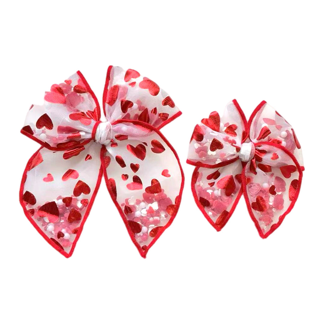 Red Metallic Hearts White Tulle Shaker Hair Tied Bow w/ Clip