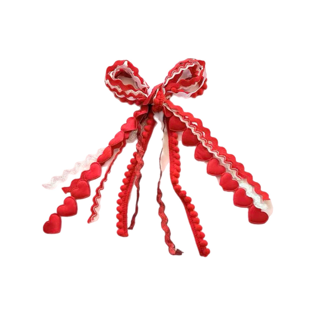 Red Padded Heart Messy Ribbon Hair Bow Tied With Clip