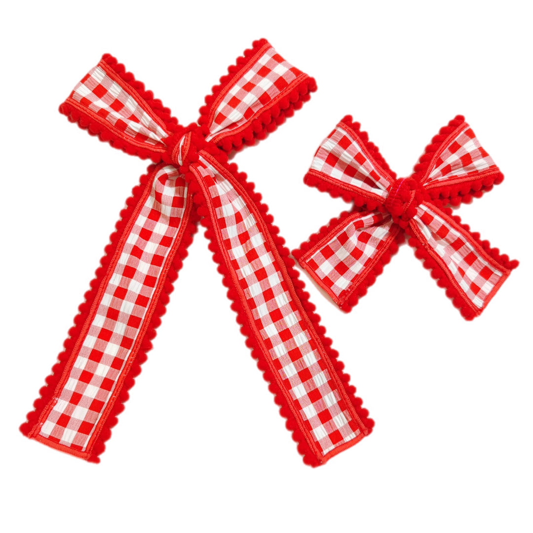 Red Pom Pom Plaid Long Tail Bows TIED With Clip