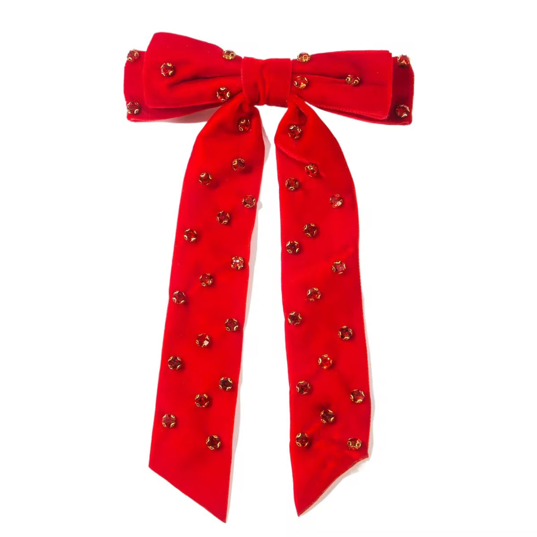 Red Rhinestone Ribbon Bow w/Clip