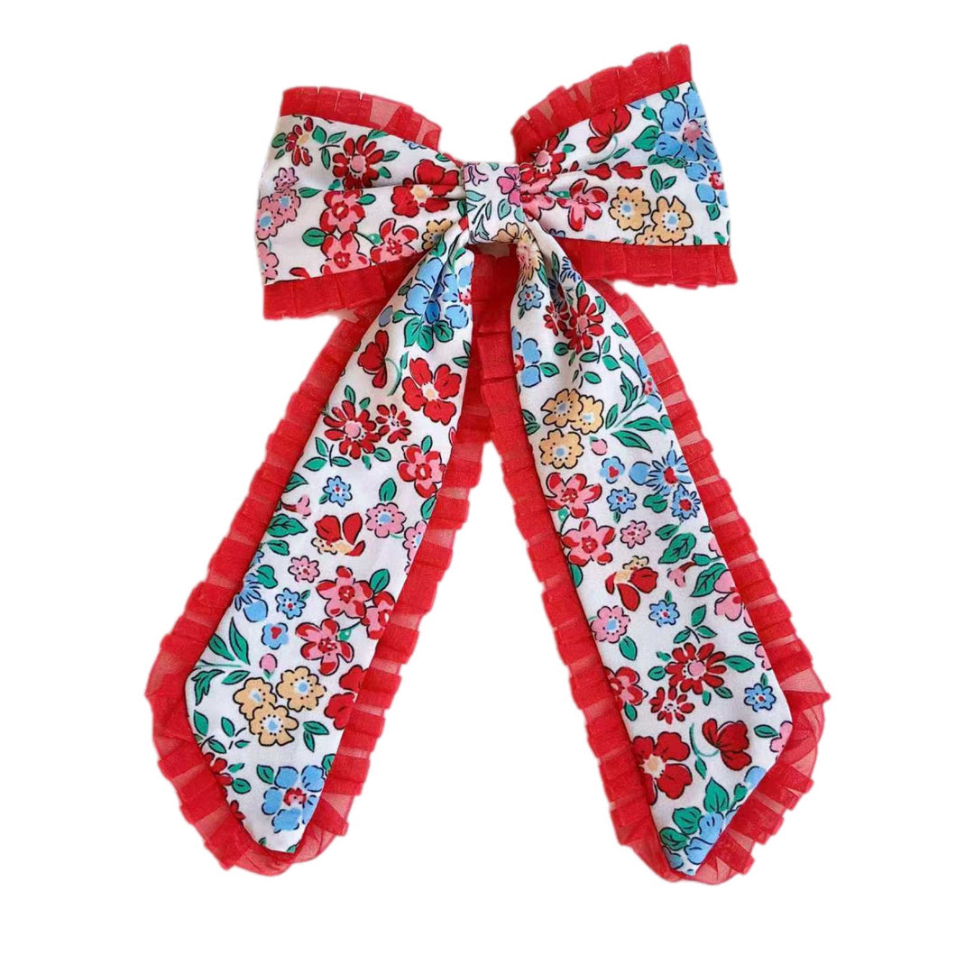 Red Ruffle Poppies Long Tail Hair Tied Bow w/ Clip